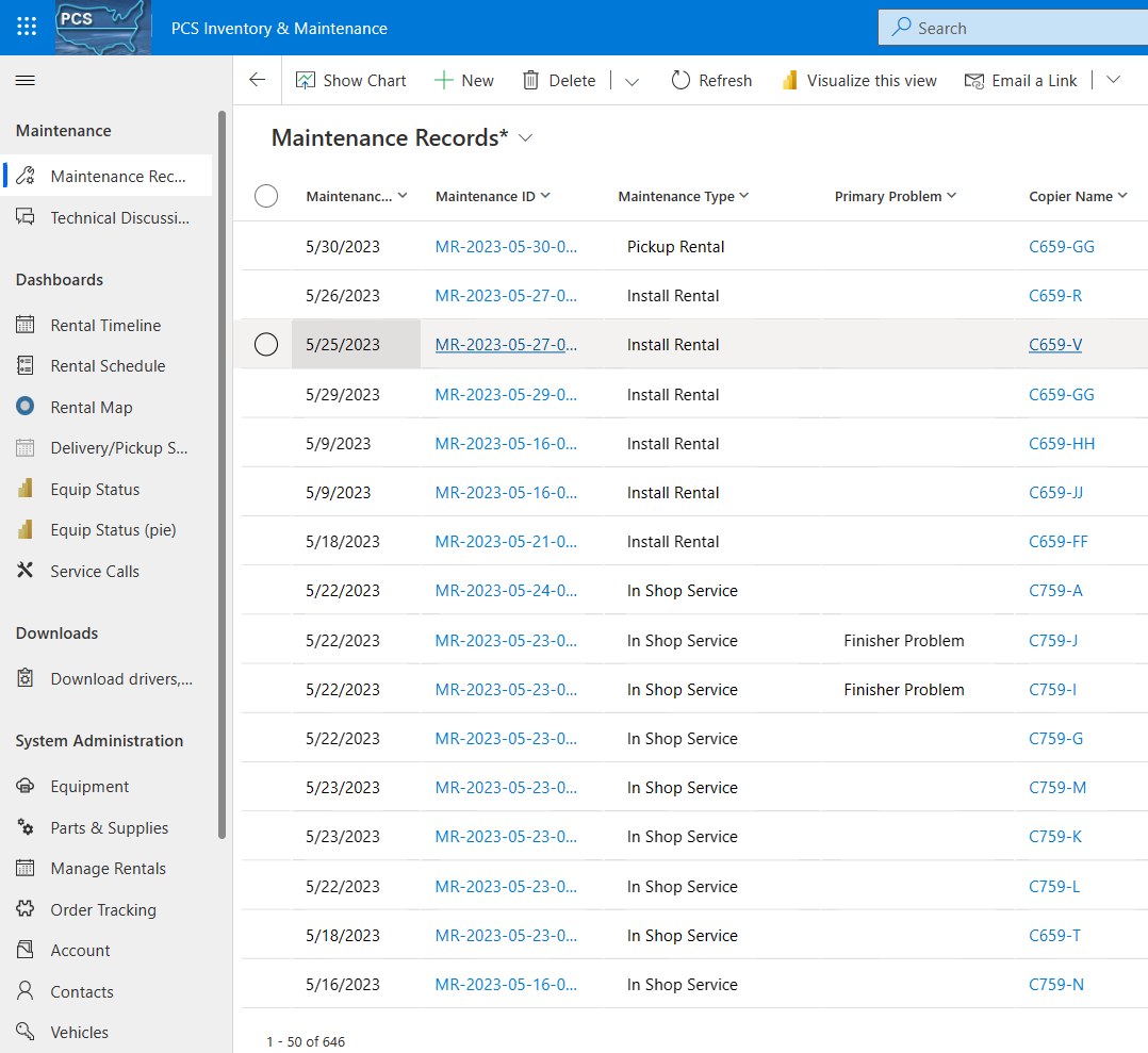 Custom Power App application Maintenance Record view for business IT support